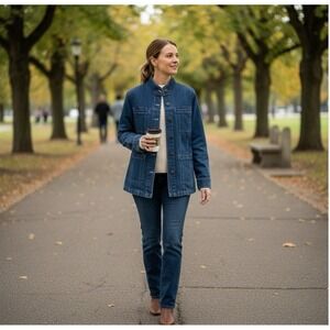 Rebecca Malone Denim Jacket Women Size S Blue Mock Neck Button Down Chore Coat